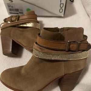 Aldo Tan Suede Ankle Boots with Gold Accents